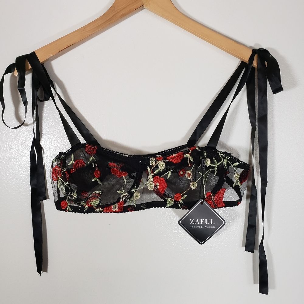 Zaful Sexy Sheer Black Bra with Red Rose Embroidery Size L